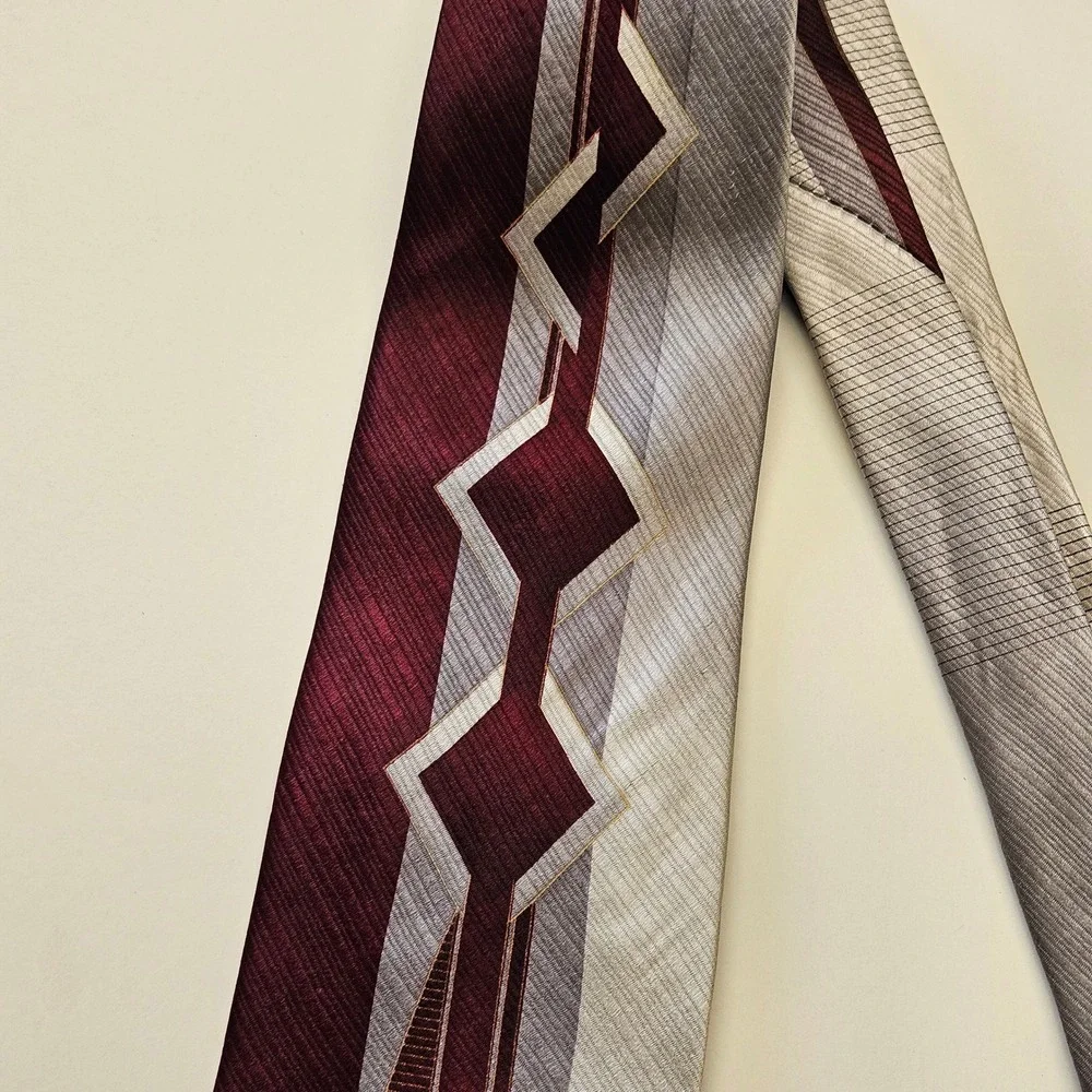 Enrico Capucci Mens Silk Tie‎ Burgundy Silver Geometric Diamond XL Hand Made